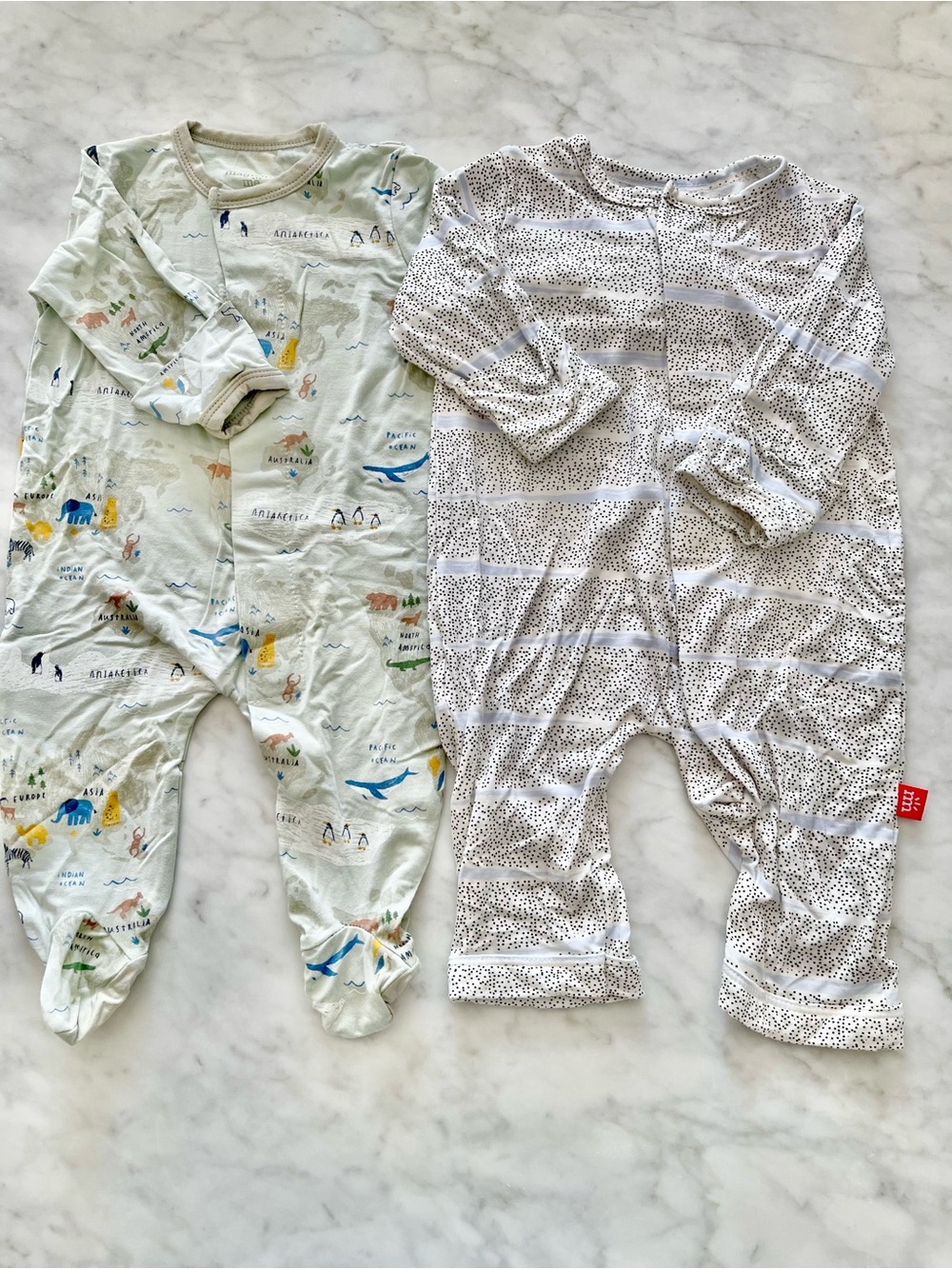 Magnetic Me 2pc set: world print Footed Pajama & dot/stripe print coverall